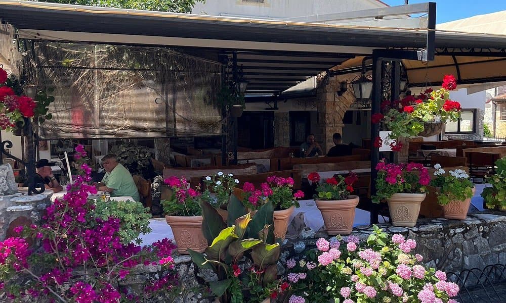 The flower-covered terrace with guests